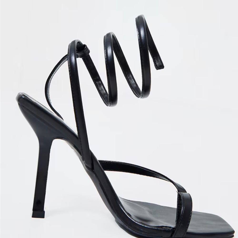Black PU Square Toe Spring Ankle Strap Heel Sandals